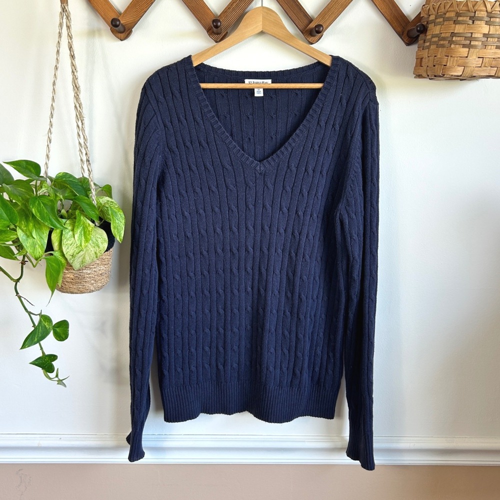 St Johns Bay Mens Navy Blue Cable Knit V-Neck Sweater Tall Size LT Fall Sweater